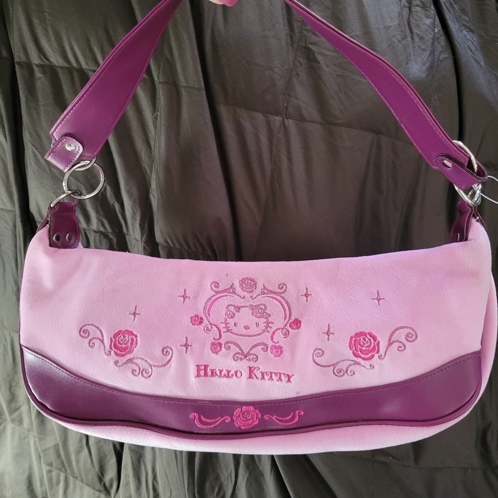 2006 Hello Kitty Pink Velour Shoulder Bag Plum Trim Rose Embroidery Y2K Sanrio - Picture 1 of 16